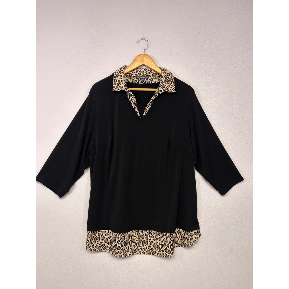 Professional Chic Adrianna Papell Women 2X Black Leopard Trim Pullover Tunic
